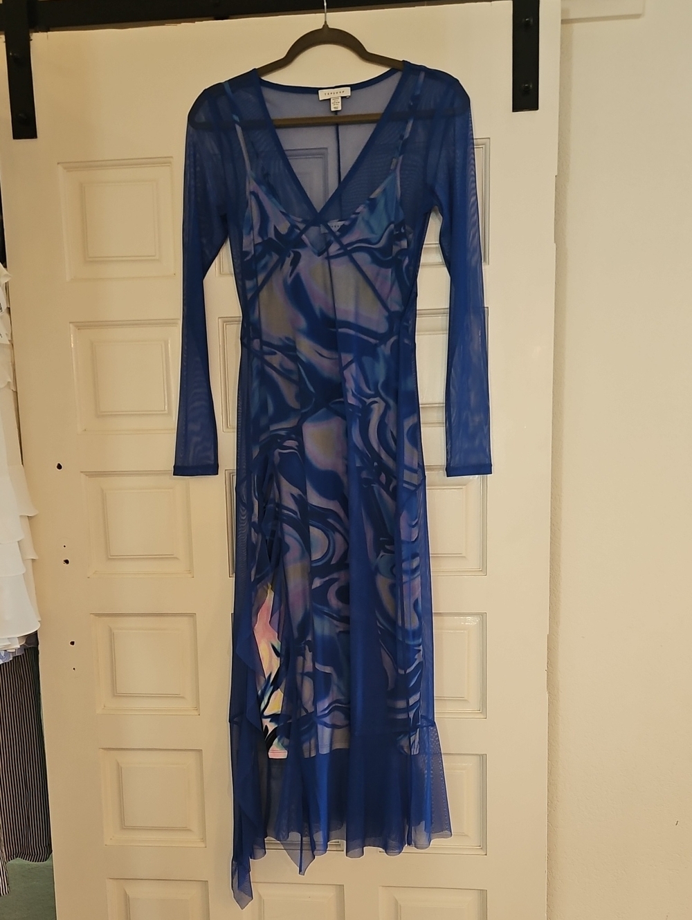TOPSHOP blue Mesh Long-Sleeve Midi Dress